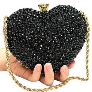 Rhinestone Heart-Shaped Clutch Purse - Black Gold Trim Chain Formal Evening Bag
